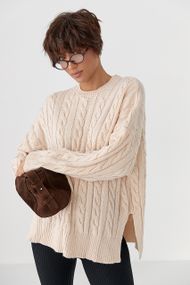В'язана кофта в косички з розрізами - кремовий цвет, ONE SIZE (є розміри)