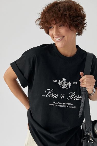 Футболка вільного фасону з вишитими написами - чорний цвет, ONE SIZE (є розміри) | Зображення 2