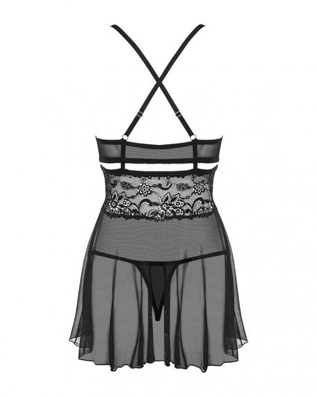 Еротичний мереживний комплект із сіточкою Obsessive 838-BAB-1babydoll & thong black, чорний, пен, S/M | Зображення 6
