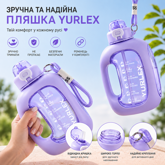 Спортивная бутылка для воды 1.5 л (1500 мл) Фиолетовая - с ручкой и трубочкой без BPA, с мотивирующей шкалой времени | Зображення 3