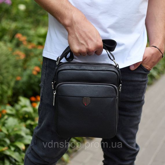 Мужская кожаная сумка-барсетка 24х20х8, компактная сумочка на плечо для мужчины, плечевой мессенджер, черная | Зображення 1