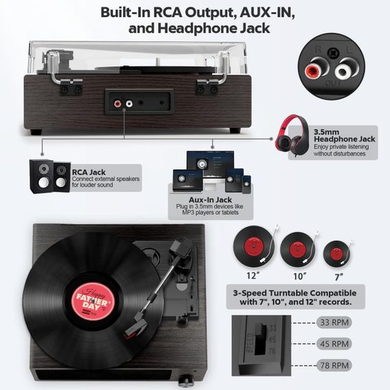 Вініловий програвач платівок FYDEE з Bluetooth, вбудовані стереодинаміки 2×3 Вт, RCA AUX, 3 швидкості, автостоп ретро | Зображення 7