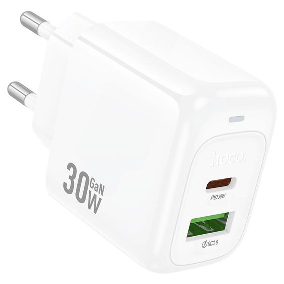 СЗУ 110-240V HOCO CS55A, 1xUSB, 1xUSB-C, PD30W, White, OEM | Зображення 1