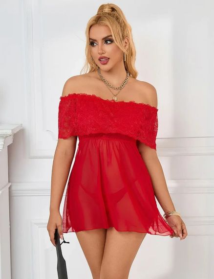 Кружевное сексуальное платье-комбинация Star Night с открытыми плечами, красное sexstyle | Зображення 2