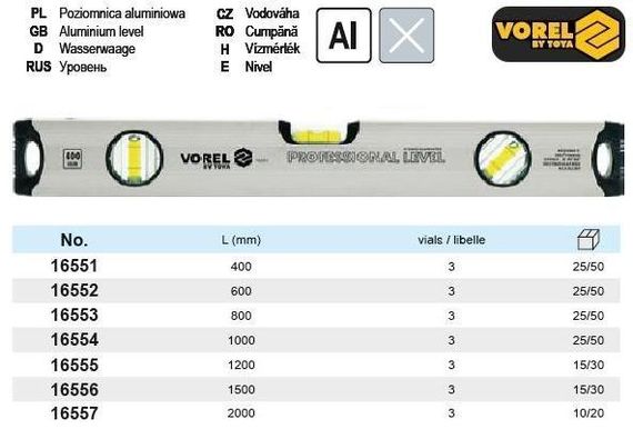 Уровень Польша ривень алюминий 3 вичка l=40 cм VOREL-16551