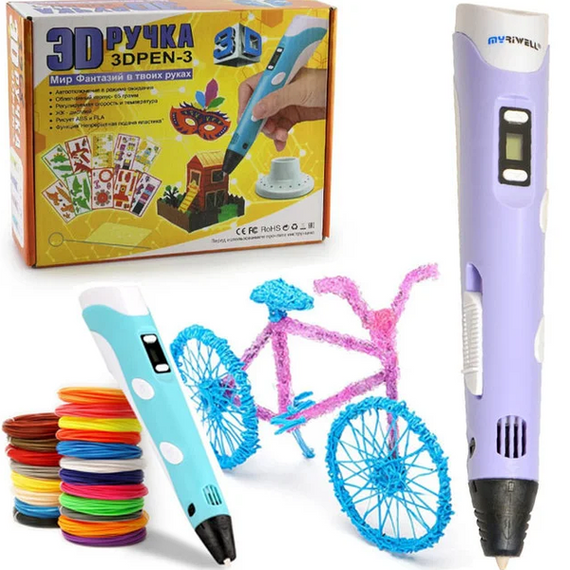 3D ручка з LCD дисплеєм та набором еко пластику / 3D Pen з трафаретами для малювання | Зображення 3