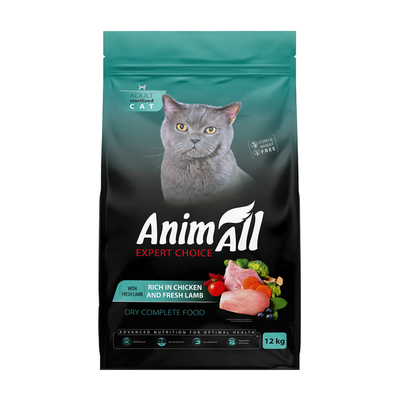 AnimAll Повнораціонний сухий корм для стерилізованих кішок з куркою та свіжою ягнятиною, 12 кг