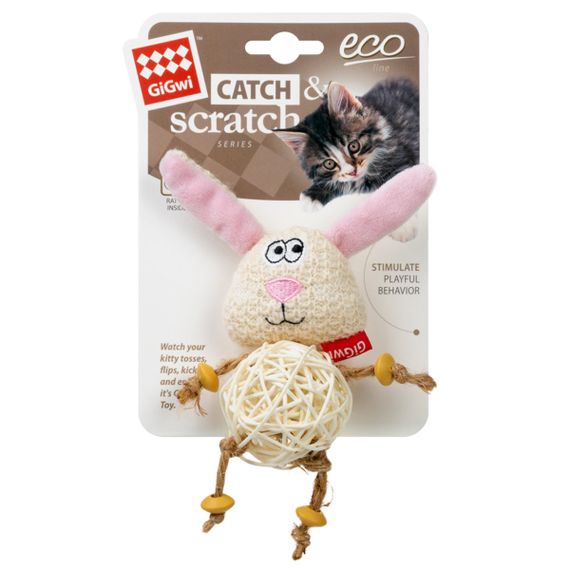 Іграшка для котів Зайчик з плетеним м'ячиком та дзвіночком GiGwi Catch&scratch, поліестер, 10 см | Зображення 1
