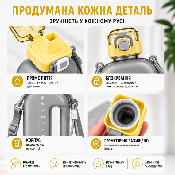 Эко-бутылка для воды 750 мл черная матовая, BPA-free с ремешком и мерной шкалой | Зображення 4