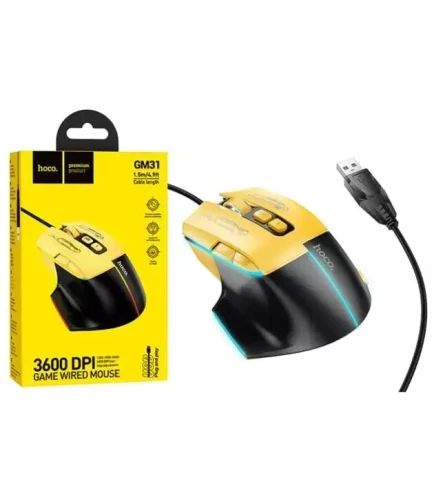 Игровая компьютерная мышь Hoco GM31 (USB / кабель 1.5м) / 7 кнопок и RGB подсветка / (черный с желтым) | Зображення 3