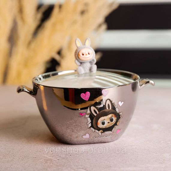 Бульйонниця порцелянова Labubu з кришкою та ручками 800 (мл) Ø15 (см) дитяча тарілка для супу та локшини Сріблястий з сірим FM-34A | Зображення 1