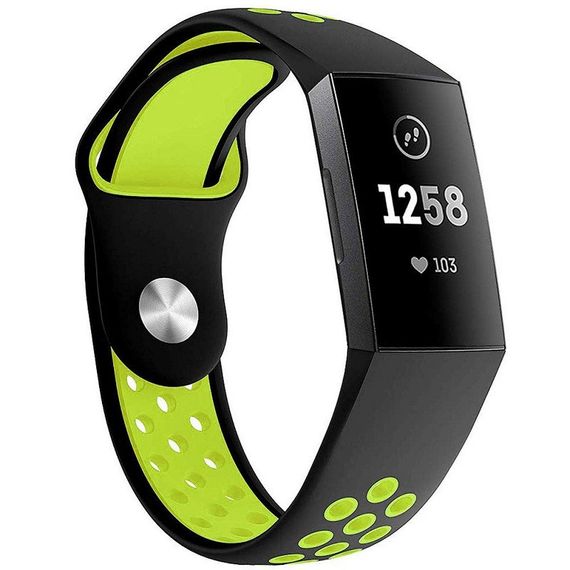 Силиконовый ремешок Primo с перфорацией для фитнес браслета Fitbit Charge 3 / 4 - Black&Green / размер L | Зображення 1