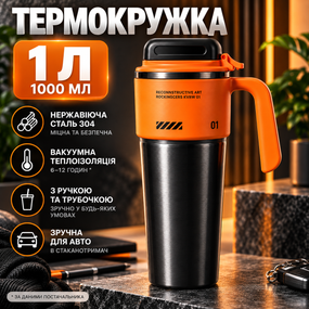 Термокружка вакуумная 1 л с ручкой и трубочкой, нержавеющая сталь 304, черная с оранжевым