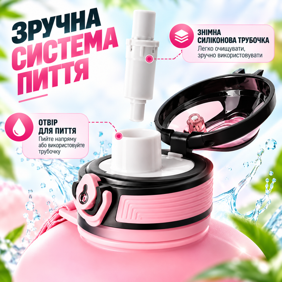 Эко-бутылка для воды KANGZYUAN 2500 мл розовая, спортивная бутылка из Tritan, ударопрочная, с ручкой, трубочкой и ремешком | Зображення 2