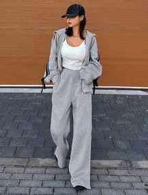 Женский спортивный костюм с прямыми штанами и худи с бантами цвет серый, размер 42/48  HI2732