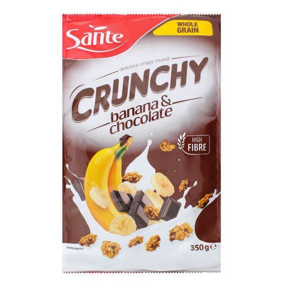 Сухие завтраки кранчи цельнозерновые шоколадно- банановые Sante Crunchy, 350г, мюсли, сухие завтраки