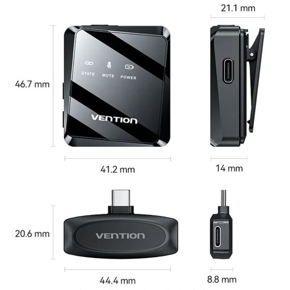 Бездротовий подвійний петличний мікрофон Vention USB-C 2-Pack Wireless Lavalier Black | Зображення 3