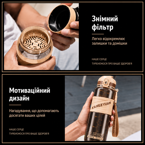 Спортивна пляшка KANGZYUAN 1000 мл (1 л) — Коричнева Tritan BPA-free, ударостійка еко-пляшка з фільтром ремінцем | Зображення 1