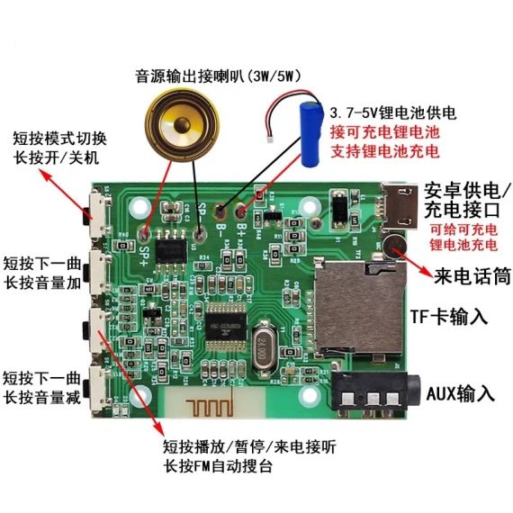 Плата усилителя мощности Bluetooth, FM-радио, TF-карта, AUX, с поддержкой зарядки АКБ | Зображення 2