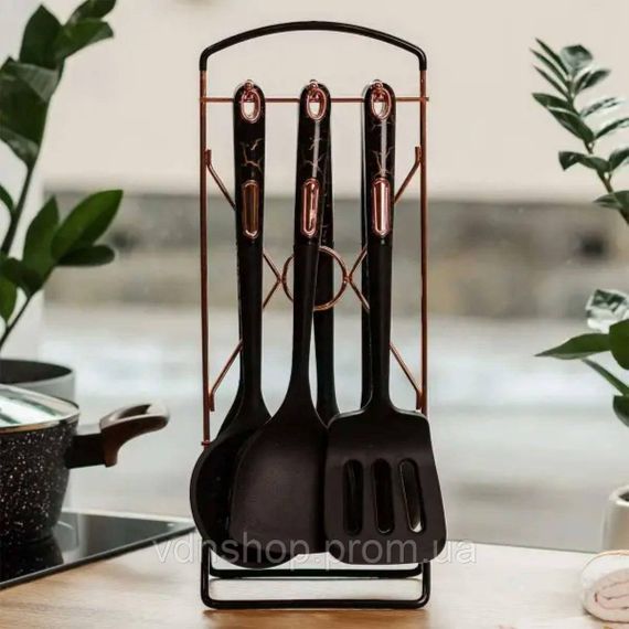 Набір кухонного приладдя на підставці 6 штук кухонні аксесуари Чорний під мармур YRUR5 | Зображення 1