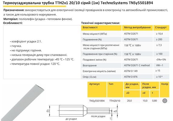 Термоусадочна трубка ТТН2х1 20/10 сіра 1 метр Ny95501894 | Зображення 1