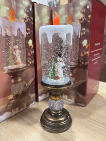 Сніговик  новорічна LED свічка зі снігом, 25см, від батарейок та USB