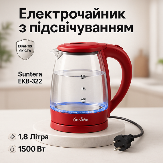 Чайник скляний електричний Suntera EKB-322R 1500 Вт, Ел чайник скляний з підсвічуванням UW-85