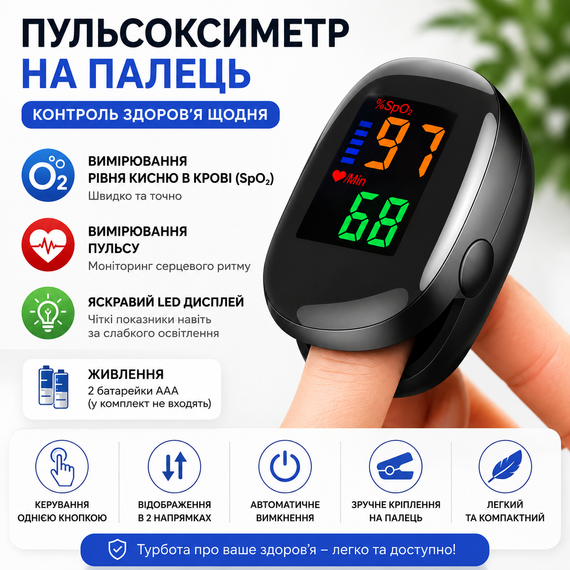 Пальцевий Пульсоксиметр SpO2 + Пульс — Цифровий з LED-дисплеєм | Зображення 2