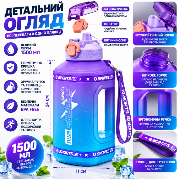 Эко-бутылка для воды SPORTS BOTTLE 1500 мл - большая многоразовая спортивная бутылка с ручкой, фиолетово-голубой градиент | Зображення 1