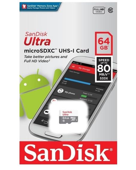 Карта памяти SanDisk 64GB microSDHC C10 UHS-I R100MB/s Ultra (SDSQUNR-064G-GN3MN) | Зображення 1