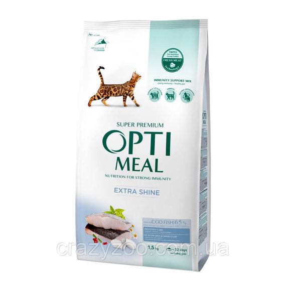 Сухой корм для котов OptiMeal Extra Shine с высоким содержанием трески 1.5 кг B1801301