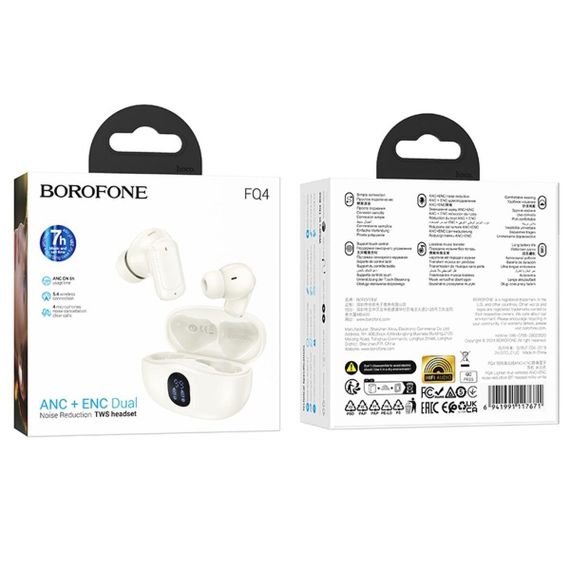 Бездротові навушники BOROFONE FQ4 Lighten true wireless ANC+ENC noise reduction BT headset Milky white | Зображення 1