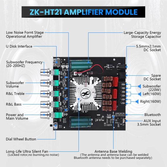 Усилитель УНЧ 2.1 160Вт+160W+220W TDA7498E bluetooth 5.0 цифровой D-класса 15-36V ZK-HT21 USB AUX | Зображення 3