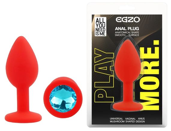 Анальная пробка EGZO Silicone Red Round Plug S, силиконовая, с голубым кристаллом Sex Aura