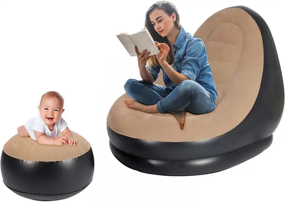 Надувной диван с пуфом Air Sofa / Надувное велюровое кресло с пуфиком+насос Бежевый | Зображення 4