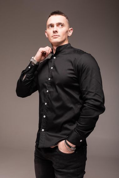 Мужская рубашка с воротником стойка и длинным рукавом на пуговицах RA1839 цвет черный, размер L | Зображення 5