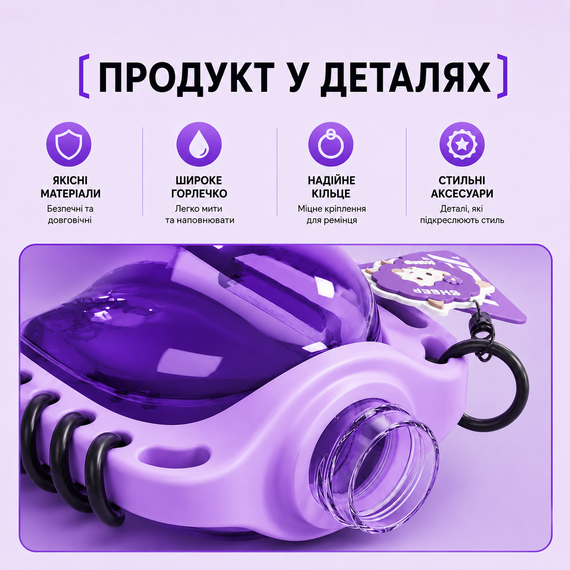 Бутылка для воды TREND 780 мл фиолетовая с силиконовым чехлом, соломинкой и ремешком | Зображення 5