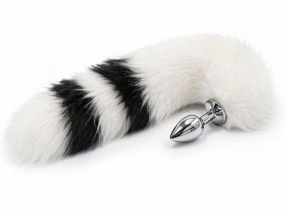 Анальная пробка Snow Fox Elegance с белым пушистым хвостом с черными полосками, металл, размер S