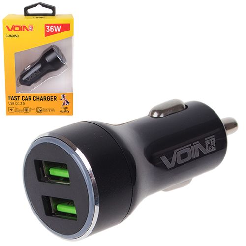 Автомобільний зарядний пристрій VOIN 36W, 2USB QC3.0, 12/24V (3.6-6.5V/3A, 6.5-9V/2A, 9V-12V/1.5)