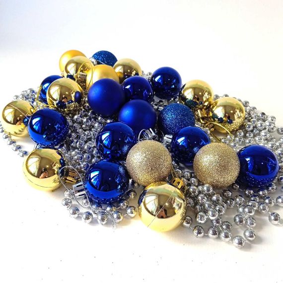 Набір новорічних іграшок 24 шт 5 см | прикраси ялинкові блакитно жовті | новорічні іграшки