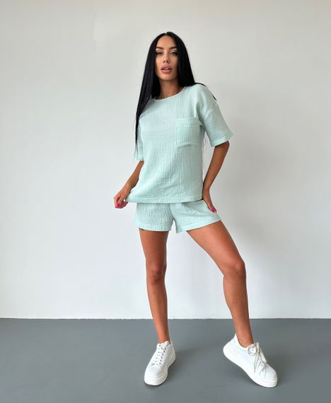 Женский легкий летний костюм шорты и футболка из муслина NA2007 цвет мятный, размер 42/44 | Зображення 2