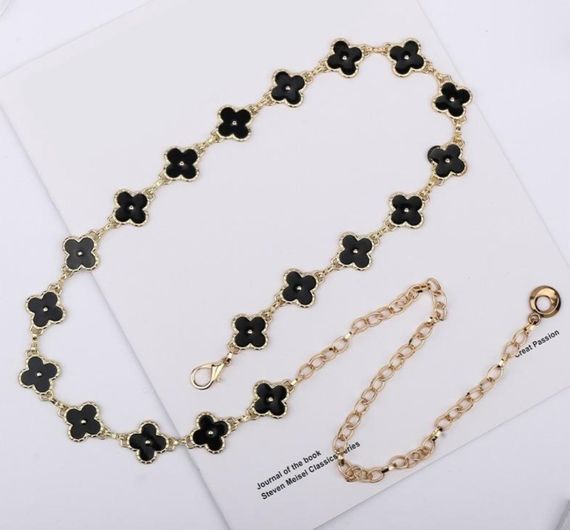 Стильний пояс ланцюжок двосторонній чотирьохлисник gold black/white