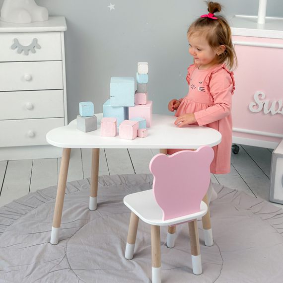 Дитячи білий стіл хмарка і стільчик ведмедик дитячий рожевий. Дитячий столик білосніжний. | Зображення 2