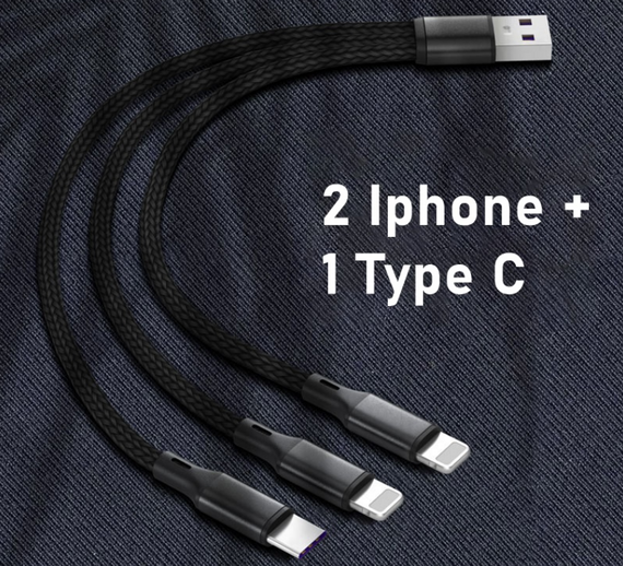 USB кабель Primo X47-3 3-in-1 Type-C / 2 x iPhone короткий 20см - Black | Зображення 2