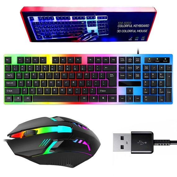 Игровой набор клавиатура и мышка с RGB подсветкой, от USB, KEYBOARD KM-5003 / Проводная клавиатура для