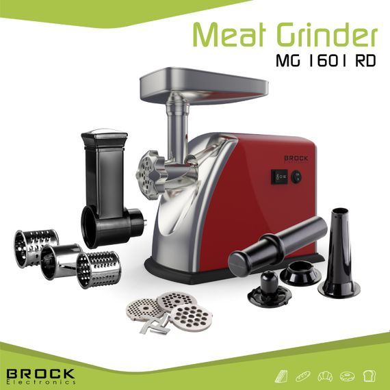 М'ясорубка BROCK  MG 1601 RD 1400Вт/2кг/хв/реверс/3 решітки/насадка для ковбас/кеббе/3 терки/червона | Зображення 3