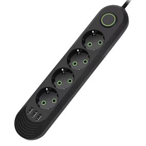 Мережевий фільтр F04U, 4 розетки EU + 3 USB, 1.5 м, перетин 3х0, 75мм, 2500W, Black, Box