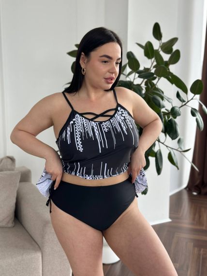 Чорний купальник танкіні  PLUS SIZE з білим принтом | Зображення 9