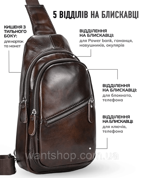 Чоловічий шкіряний слинг-рюкзак на одне плече TIDING BAG TM-49539 коричнева | Зображення 2