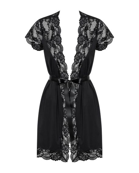 Сатиновий відкритий пеньюар на поясі Obsessive 810-PEI–1 peignoir black 2XL/3XL, чорний | Зображення 4